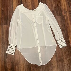 Double Zero White Long Sleeve Blouse with Gem sleeves